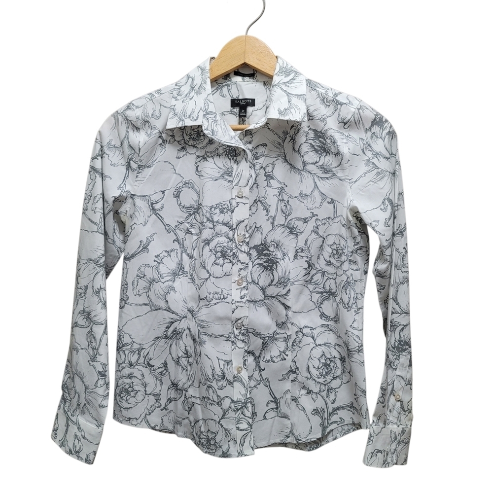Sz 2P WMNS Button Up Talbots Shirt Cotton Blend White Grey Floral Outline